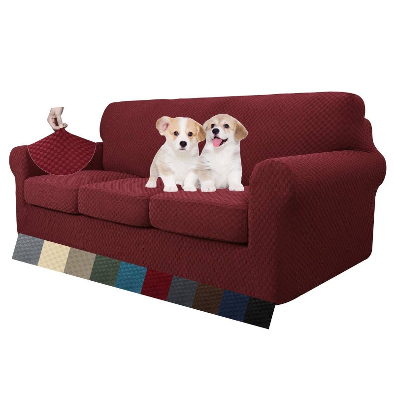 MAXIJIN 4 Piece Couch Covers for 3 Cushion Couch Super Stretch Non Slip Couch Cover for Dogs Pet Friendly Elastic Jacquard Furniture Protector Sofa Slipcovers Sofa Wine Red