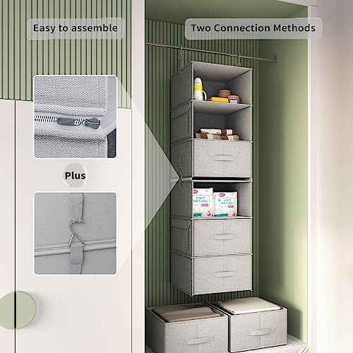 Vailando 6-Shelf Hanging Closet Organizer, 2 Separable 3-Shelf Hanging Shelves with 3 Drawers for Wardrobe, Nursery, Baby Clothes Organization and Storage - Image 3