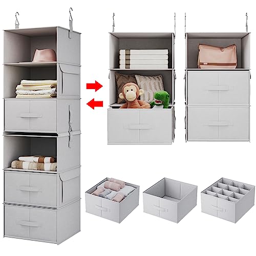 Vailando 6-Shelf Hanging Closet Organizer, 2 Separable 3-Shelf Hanging Shelves with 3 Drawers for Wardrobe, Nursery, Baby Clothes Organization and Storage - Image 1