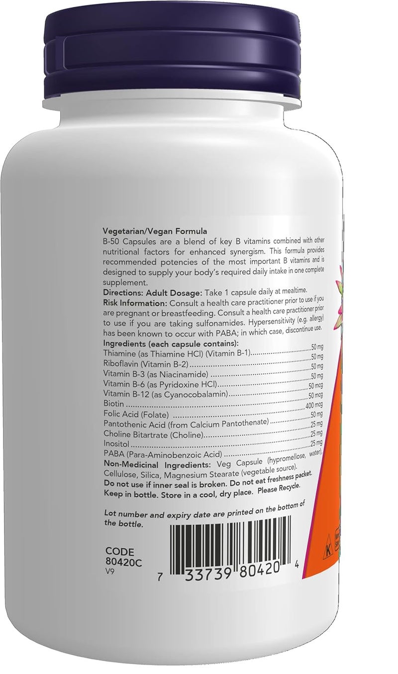 NOW Vitamin B-50mg Vegan Capsules - 100 Count Dietary Supplement - Image 3