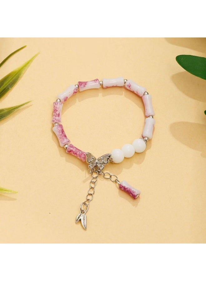 Goolsky سوار خرز وردي – سوار مرن يدوي الصنع لطيف، مجوهرات جمالية باللون الباستيل للنساء والفتيات للاستخدام اليومي - Image 1