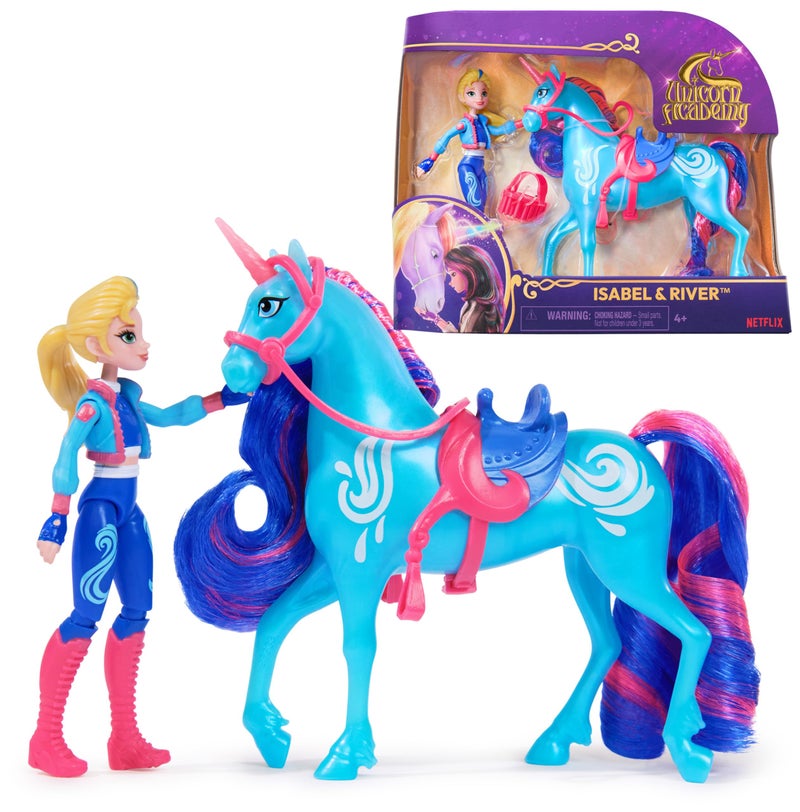 Unicorn Academy أكاديمية اليونيكورن، مجموعة إيزابيل وريفير مع 2 ملحقات ركوب وأداة تصفيف الشعر، دمى وألعاب يونيكورن للفتيات من عمر 4 سنوات وما فوق - Image 1