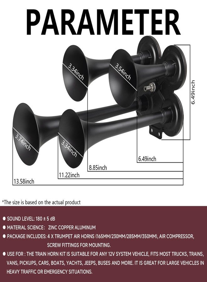 BANHAO Truck Air Horn 180DB 4 Trumpet Horns Train Horn for Truck 12V Super Loud Air Horns with Compressor Suitable for Pickup/Motorhome/SUV/Truck/Train (No Wiring Harness and Button Switch) - Image 4