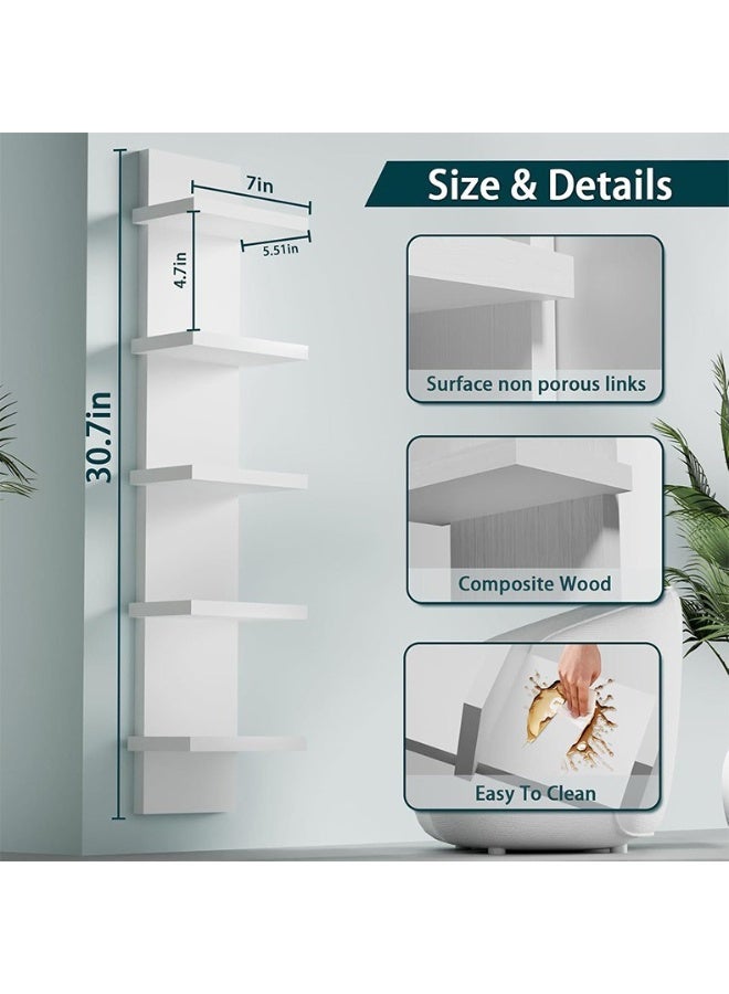 شو وو وحدة رفوف حائطية من 5 طبقات، رف عمودي أبيض، رف حائطي للتخزين عائم، منظم بتصميم برج طويل، رفوف حائطية مزخرفة للمنزل، غرفة النوم، غرفة المعيشة، ديكور المكتب - Image 2