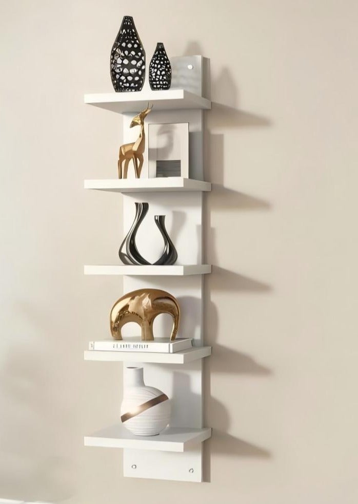 شو وو وحدة رفوف حائطية من 5 طبقات، رف عمودي أبيض، رف حائطي للتخزين عائم، منظم بتصميم برج طويل، رفوف حائطية مزخرفة للمنزل، غرفة النوم، غرفة المعيشة، ديكور المكتب - Image 1