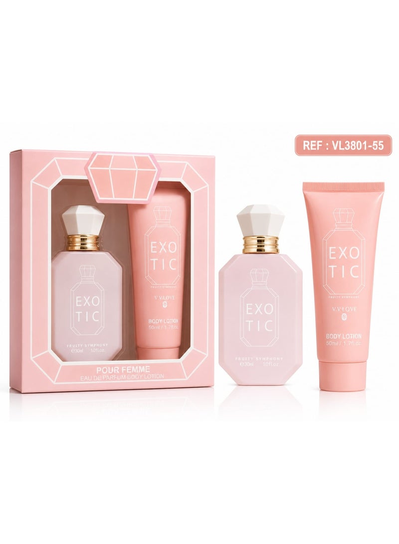 طقم عطر ولوشن للجسم EXOTIC Fruity Symphony من V.V.LOVE للنساء - 30 مل عطر و 50 مل لوشن