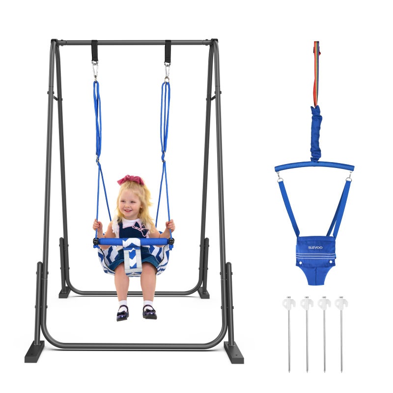 Slevoo 2 in 1 Baby Jumper and Swing, Toddler Swing Set with Foldable Stand, Ages 6 Months to 6 Years, for Indoor and Outdoor Fun, Black - Image 1