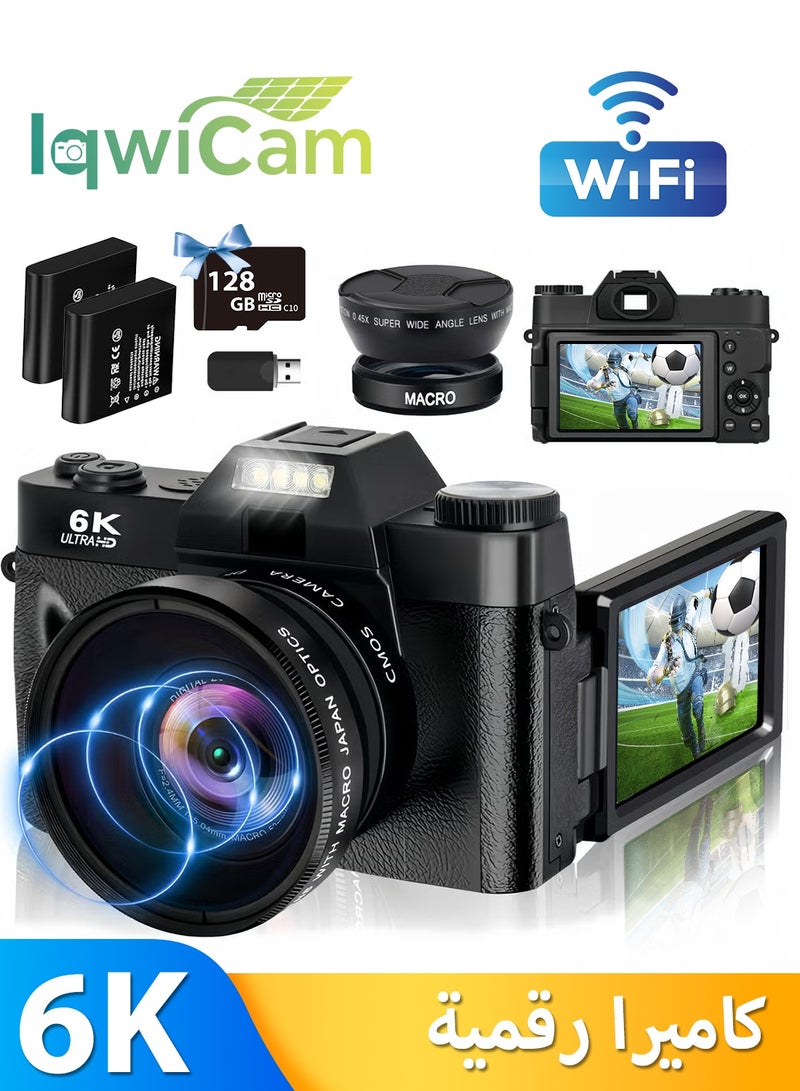IqwiCam 6K Digital Camera for Photography - Digital Cameras with 128G TF Card, 64MP WiFi Vlogging Cameras for YouTube with 3" 180° Flip Screen, 16X Digital Zoom Autofocus Vlog Travel Camara, Wide Angle & Macro Lens, 2 Batteries - Image 1
