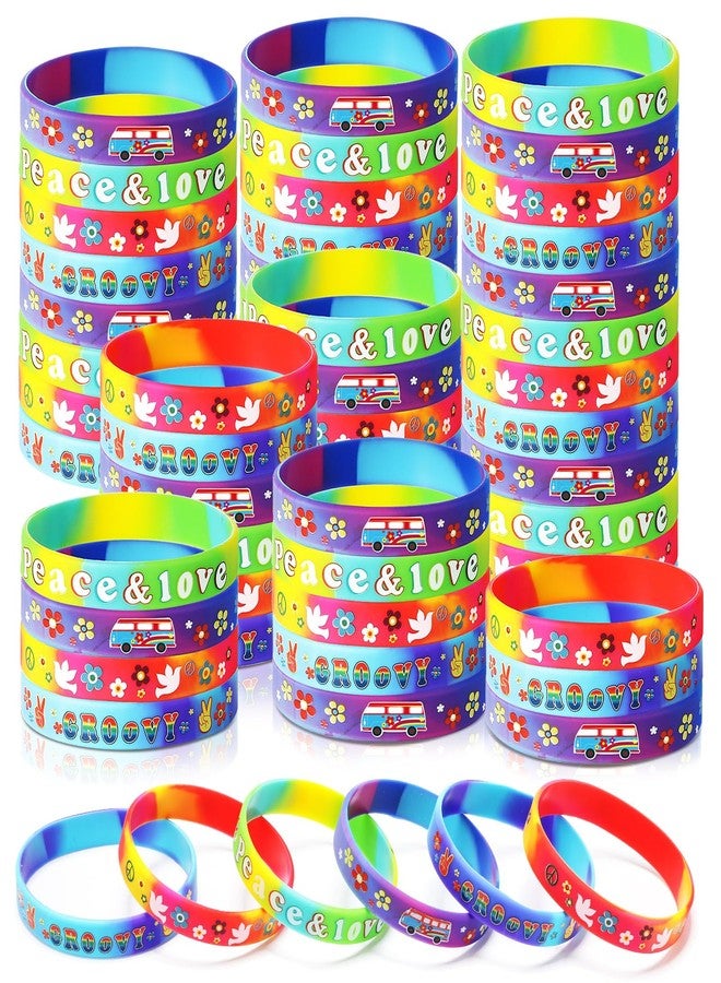 Suilung 24 Pcs 60's Hippy Retro Groovy Silicone Bracelets Wristbands Party Decoration Peace Love 60's Hippy Favor for 60s Hippie Groovy Party Supplies - Image 1