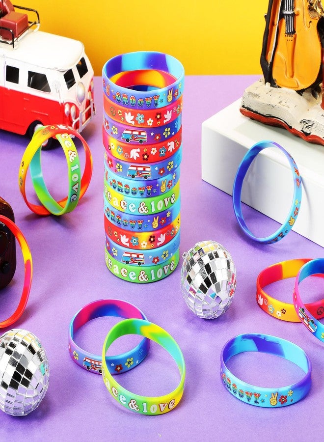 Suilung 24 Pcs 60's Hippy Retro Groovy Silicone Bracelets Wristbands Party Decoration Peace Love 60's Hippy Favor for 60s Hippie Groovy Party Supplies - Image 5