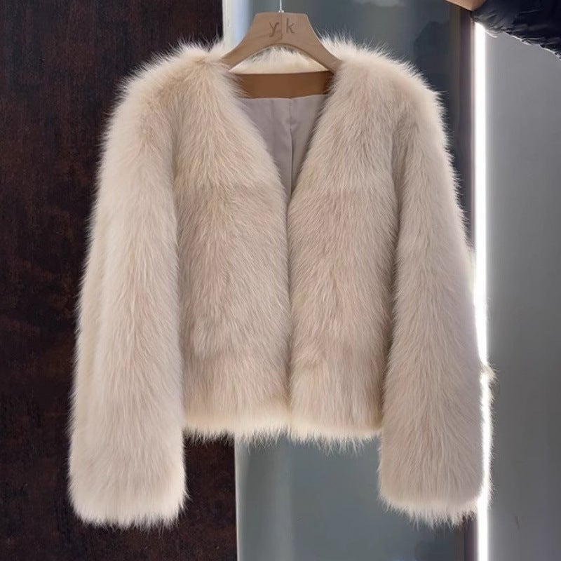 Fashionable Versatile Winter 2024 Womens Fur Jacket With V-Neck Thickened Top Eco-Friendly Fox Fur Jacket For Dresses and Short Black  - Image 2
