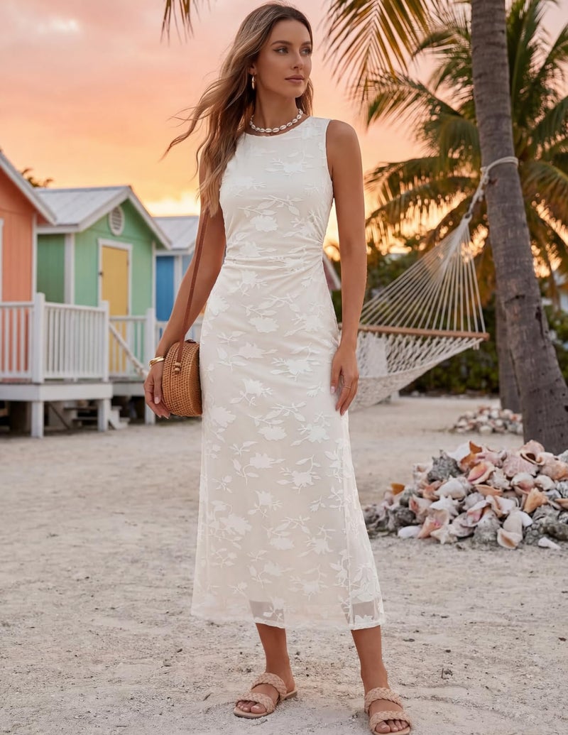 MEROKEETY Women's Summer Sleeveless Floral Maxi Dress 2026 Bodycon Mesh Wedding Guest Cocktail Formal Party Dresses, White, Small - Image 2