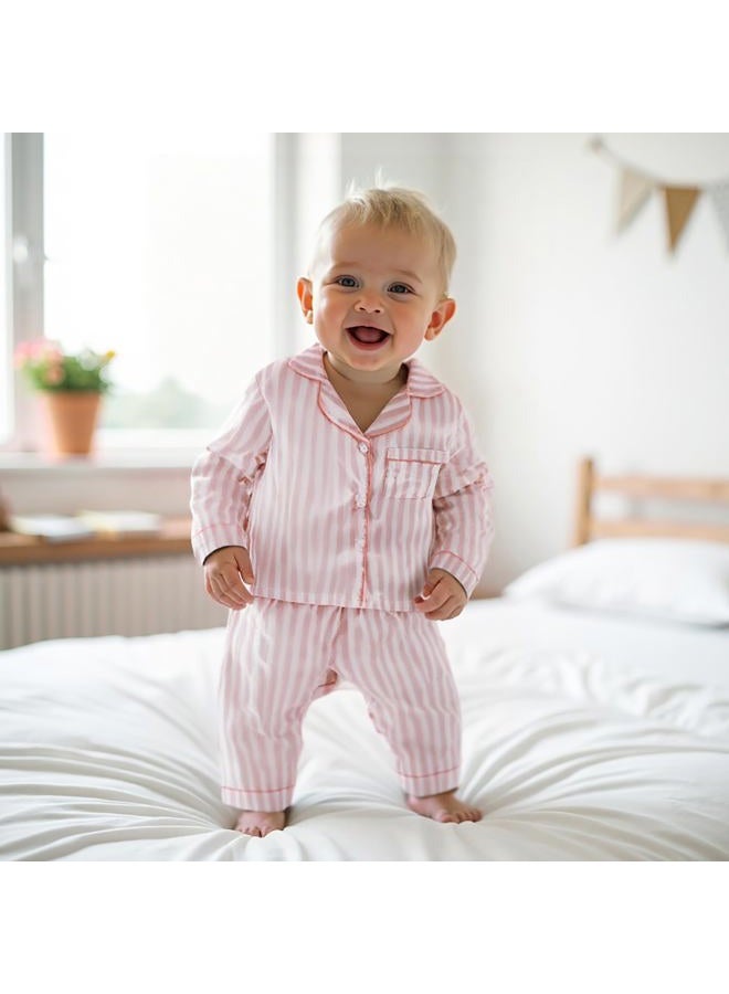 ZAXARRA Kid Baby Girl Boy Satin Pajamas Set Lapel Button Down Silk Shirt Top Pants Children Lounge Clothes Sleepwear Suit, Pink-stripe, 18-24 Months - Image 2