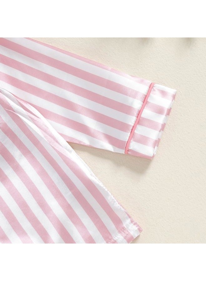 ZAXARRA Kid Baby Girl Boy Satin Pajamas Set Lapel Button Down Silk Shirt Top Pants Children Lounge Clothes Sleepwear Suit, Pink-stripe, 18-24 Months - Image 4