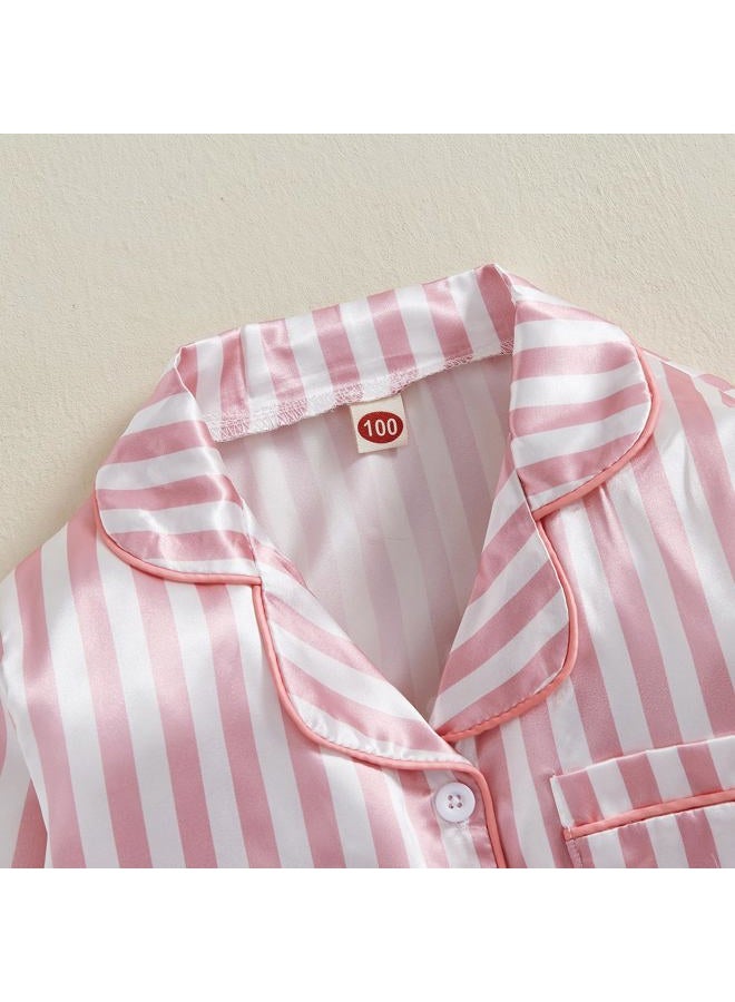 ZAXARRA Kid Baby Girl Boy Satin Pajamas Set Lapel Button Down Silk Shirt Top Pants Children Lounge Clothes Sleepwear Suit, Pink-stripe, 18-24 Months - Image 3