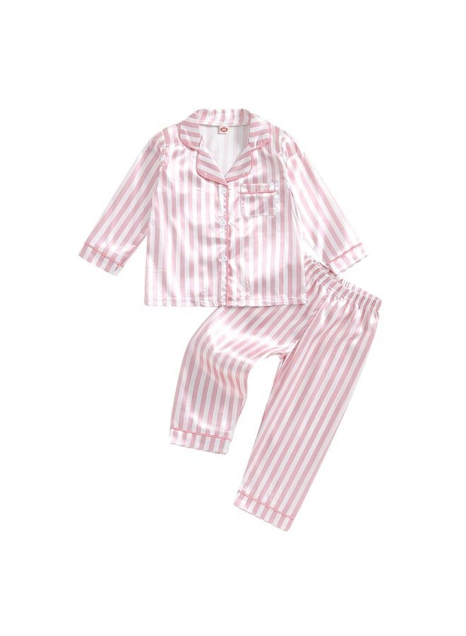 ZAXARRA Kid Baby Girl Boy Satin Pajamas Set Lapel Button Down Silk Shirt Top Pants Children Lounge Clothes Sleepwear Suit, Pink-stripe, 18-24 Months - Image 1