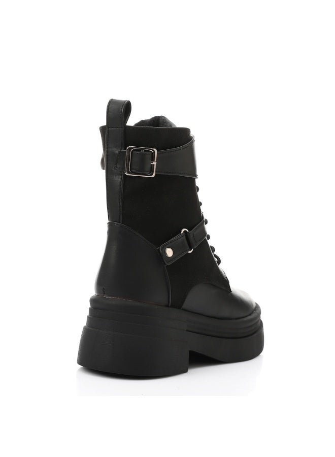 ICE CLUB Decorative buckle Mid Heel Ankle Boots - Black - Image 4