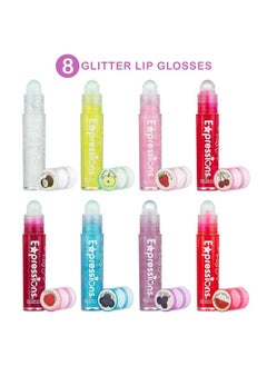 Expressions Expressions 8pc Roller-Ball Glitter Lip Gloss Set, 8 Assorted Fruit Flavored Roll On Rollerball Lip Gloss for Kids, Safe, Non Toxic Kids Makeup Set  - Image 2