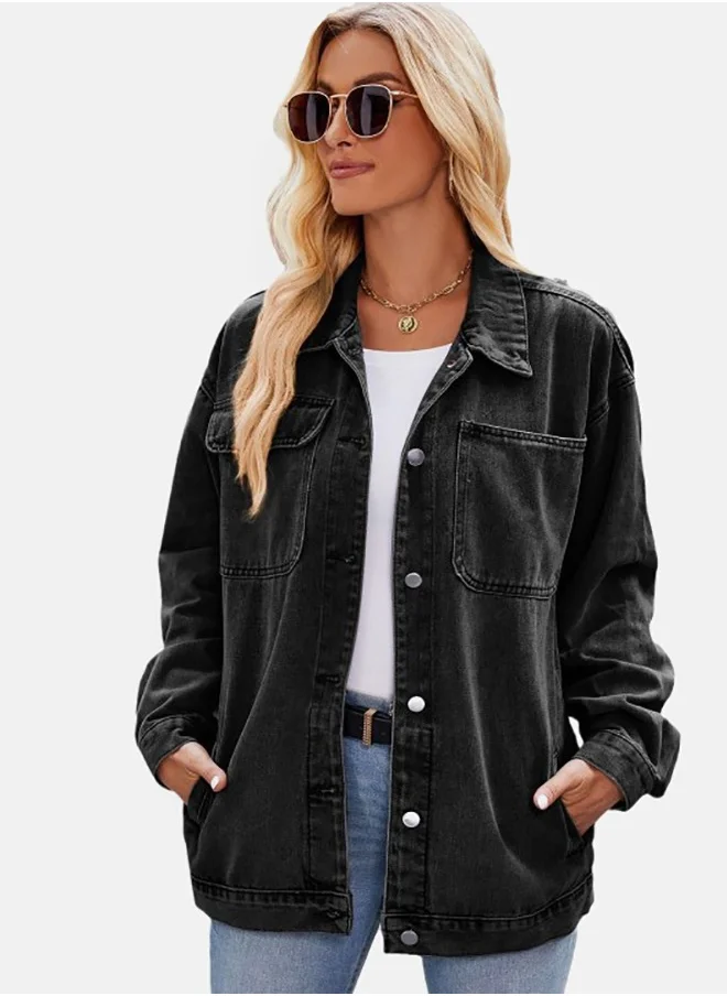 يونيكي Black Collared Long Sleeve Denim Jacket