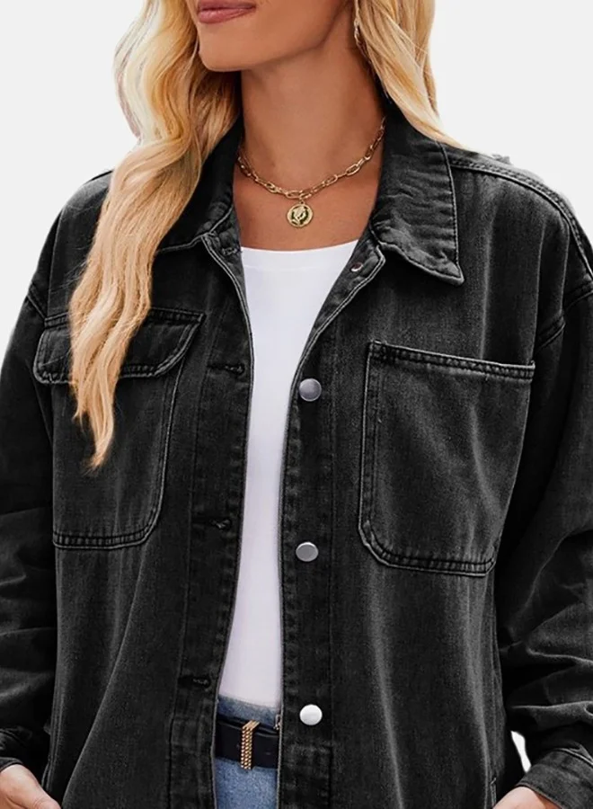 يونيكي Black Collared Long Sleeve Denim Jacket