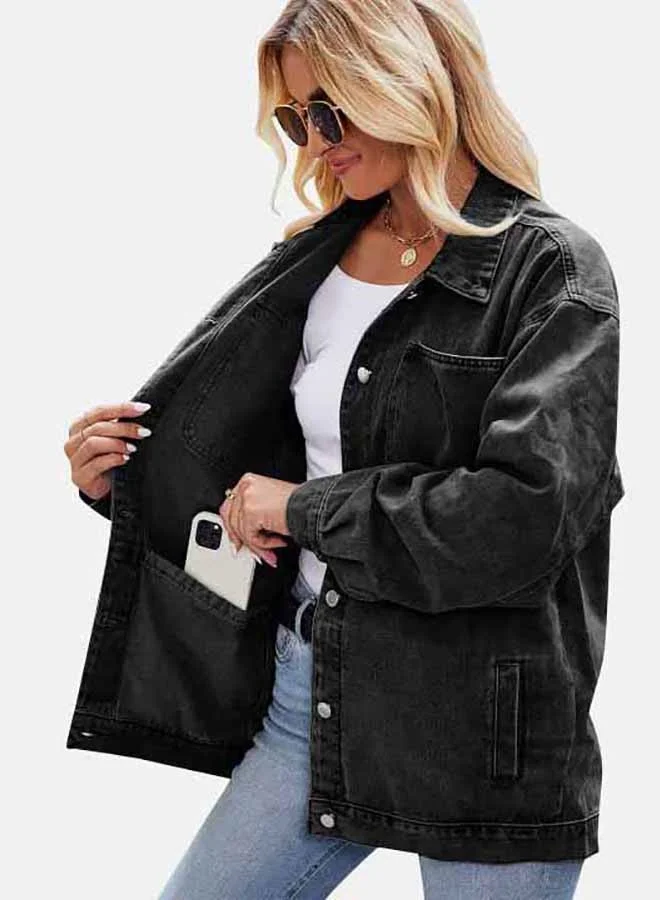 يونيكي Black Collared Long Sleeve Denim Jacket