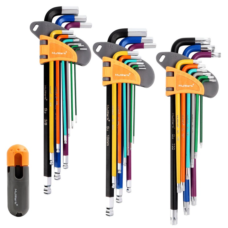 MULWARK 28 PCS Allen Key Set, Long Arm Ball End Hex Key Wrench Set with T-Handle | SAE 1/16â€“3/8, Metric 1.5â€“10mm, Torx T10â€“T50 | S2 Steel Allen Wrenches Set - Image 1