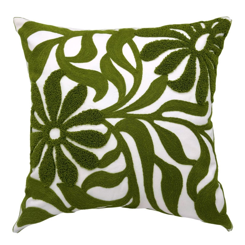 Alysheer Farmhouse Floral Leaves Embroidered Decorative Throw Pillow Cover 18x18 inches, Boho Tufted Flowers Embroidery Pattern Chic Cotton Cushion Case for Couch Bed Sofa Living Room(Olive Green) - Image 1