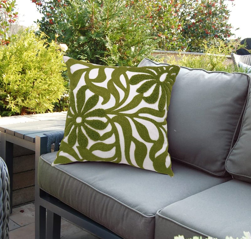 Alysheer Farmhouse Floral Leaves Embroidered Decorative Throw Pillow Cover 18x18 inches, Boho Tufted Flowers Embroidery Pattern Chic Cotton Cushion Case for Couch Bed Sofa Living Room(Olive Green) - Image 3