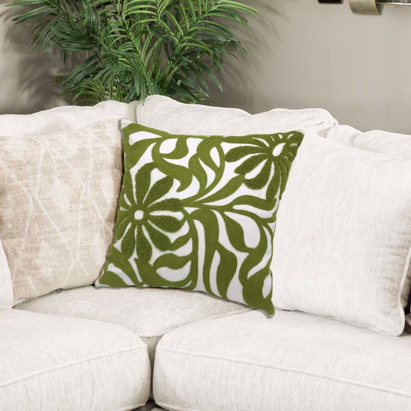 Alysheer Farmhouse Floral Leaves Embroidered Decorative Throw Pillow Cover 18x18 inches, Boho Tufted Flowers Embroidery Pattern Chic Cotton Cushion Case for Couch Bed Sofa Living Room(Olive Green) - Image 2