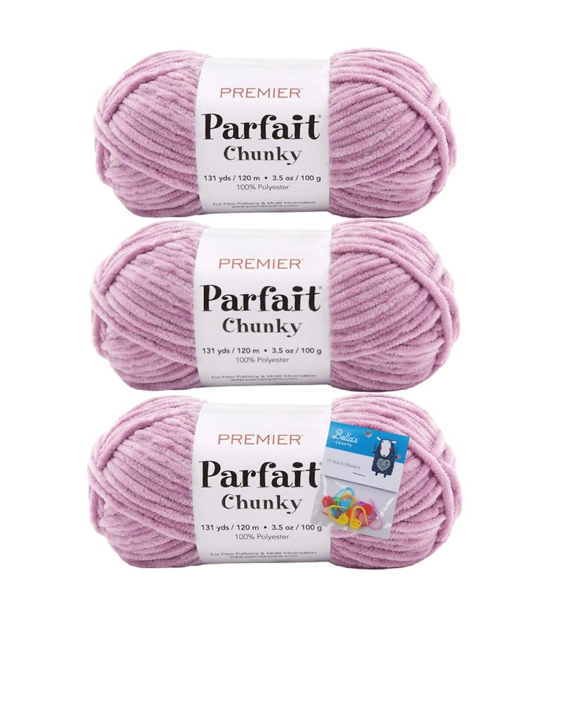 خيوط بريمير بارفيه تشانكي شنيلي 35 أونصة 6 وزن سوبر بولكي حزمة 3 مع علامات الخياطة من بيللا كرافتس لون موف غامق