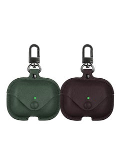 YOMNA Protective Leather Case Compatible with AirPods Pro 2 Case, Wireless Charging Case Headphones EarPods, Soft Leather Cover with Carabiner Clip (Dark Green/Maroon) - (Set of 2)