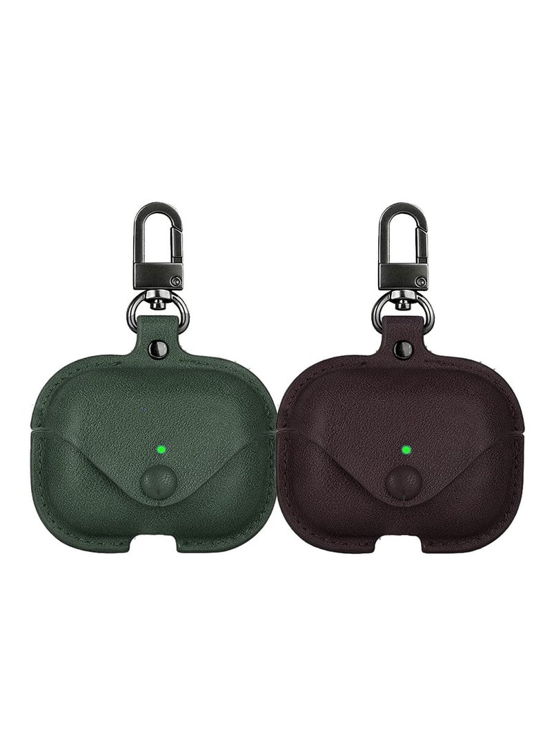 YOMNA - YOMNA Protective Leather Case Compatible with AirPods Pro 2 Case, Wireless Charging Case Headphones EarPods, Soft Leather Cover with Carabiner Clip (Dark Green/Maroon) - (Set of 2) - Image 1