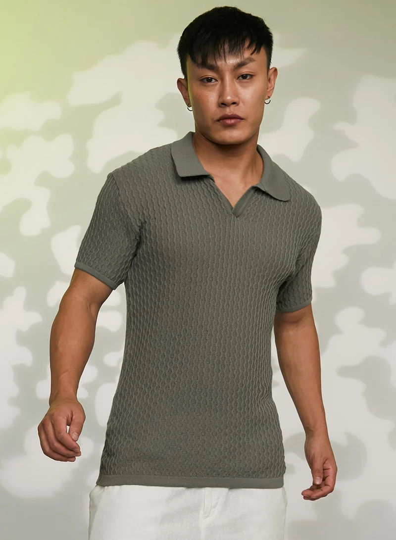Campus Sutra Men's Moss Green Swirl-Textured Polo T-Shirt For Casual Wear | Polo Neck | Short Sleeve | Pull On Closure | T-Shirt Crafted With Comfort Fit For Everyday Wear