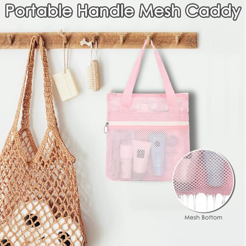 GYEUKHAM Portable Mesh Shower Caddy with 2 Zipper Pockets Dual Handles QuickDrying Hanging Shower Tote for College Dorm Gym Travel Camping Pink - Image 3
