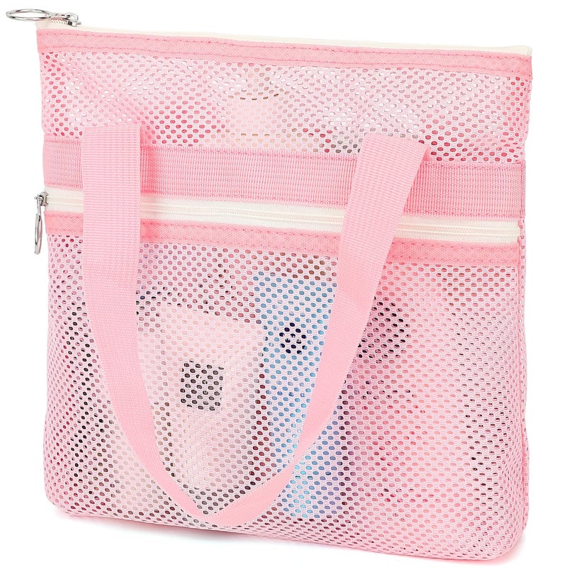 GYEUKHAM Portable Mesh Shower Caddy with 2 Zipper Pockets Dual Handles QuickDrying Hanging Shower Tote for College Dorm Gym Travel Camping Pink - Image 2