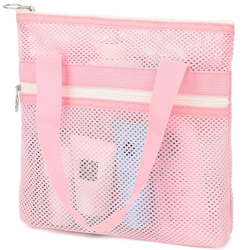 GYEUKHAM Portable Mesh Shower Caddy with 2 Zipper Pockets Dual Handles QuickDrying Hanging Shower Tote for College Dorm Gym Travel Camping Pink - Image 1