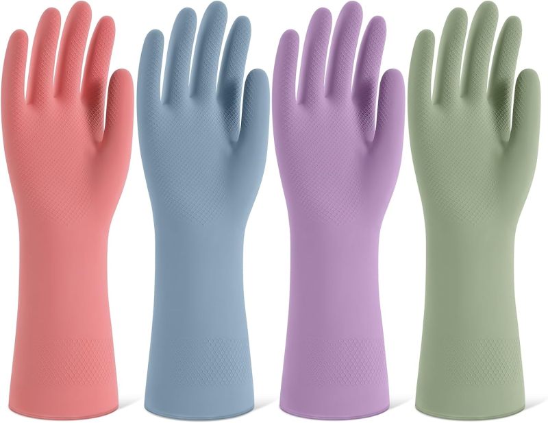 Reusable Cleaning Gloves: 4 Pairs Assorted Colors, Premium Natural Rubber Protective Barrier, Anti-slip Embossed Grip, Soft Flannel-lined - Comfortable Snug Fit, Durable Wear-resistant for Kitchen Bat - Image 1