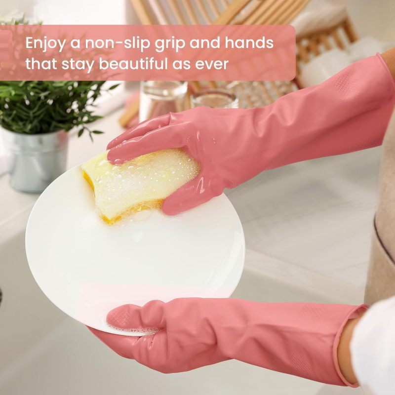 Reusable Cleaning Gloves: 4 Pairs Assorted Colors, Premium Natural Rubber Protective Barrier, Anti-slip Embossed Grip, Soft Flannel-lined - Comfortable Snug Fit, Durable Wear-resistant for Kitchen Bat - Image 3