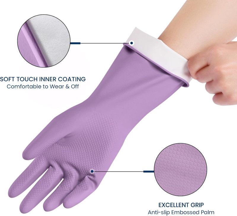 Reusable Cleaning Gloves: 4 Pairs Assorted Colors, Premium Natural Rubber Protective Barrier, Anti-slip Embossed Grip, Soft Flannel-lined - Comfortable Snug Fit, Durable Wear-resistant for Kitchen Bat - Image 2