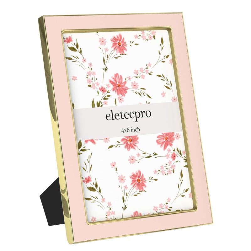 eletecpro 4x6 Enamel Picture Frame with Real Glass Cover, 1 Pack Pink Photo Frame with Gold Metal Edge, Horizontal and Vertical Display Pictures 4x6 for Tabletop, Bookshelf, Wall Decor - Image 1