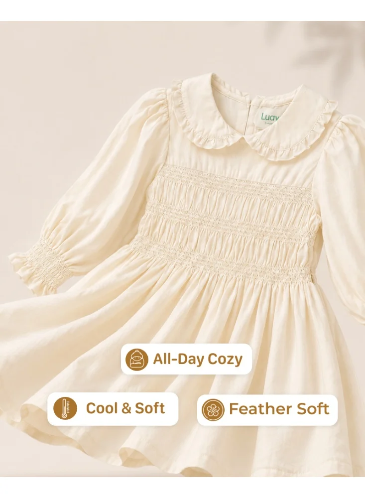 Luay Beige LUAY Girls Poplin Frock | Smocked Long Sleeve Dress with Peter Pan Collar | Soft Breathable Casual Party Wear for Girls for Women | Best Price UAE