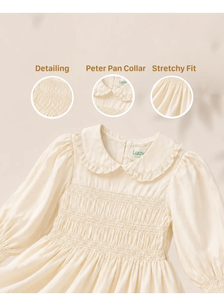 Luay Beige LUAY Girls Poplin Frock | Smocked Long Sleeve Dress with Peter Pan Collar | Soft Breathable Casual Party Wear for Girls for Women | Best Price UAE