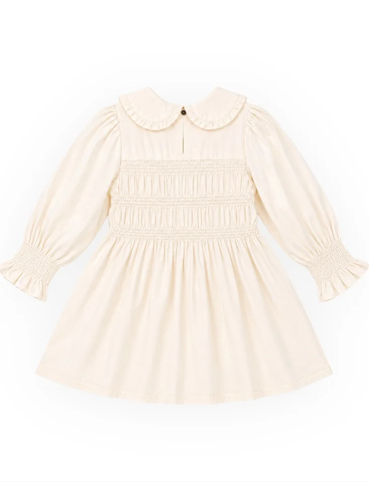 Luay Beige LUAY Girls Poplin Frock | Smocked Long Sleeve Dress with Peter Pan Collar | Soft Breathable Casual Party Wear for Girls for Women | Best Price UAE