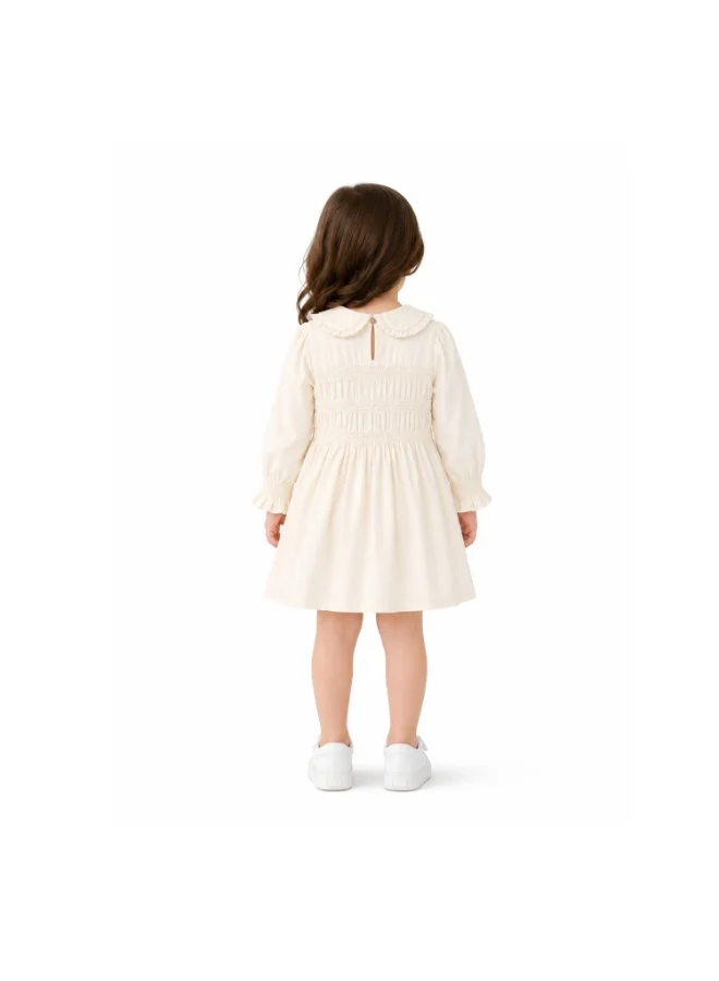 Luay Beige LUAY Girls Poplin Frock | Smocked Long Sleeve Dress with Peter Pan Collar | Soft Breathable Casual Party Wear for Girls for Women | Best Price UAE