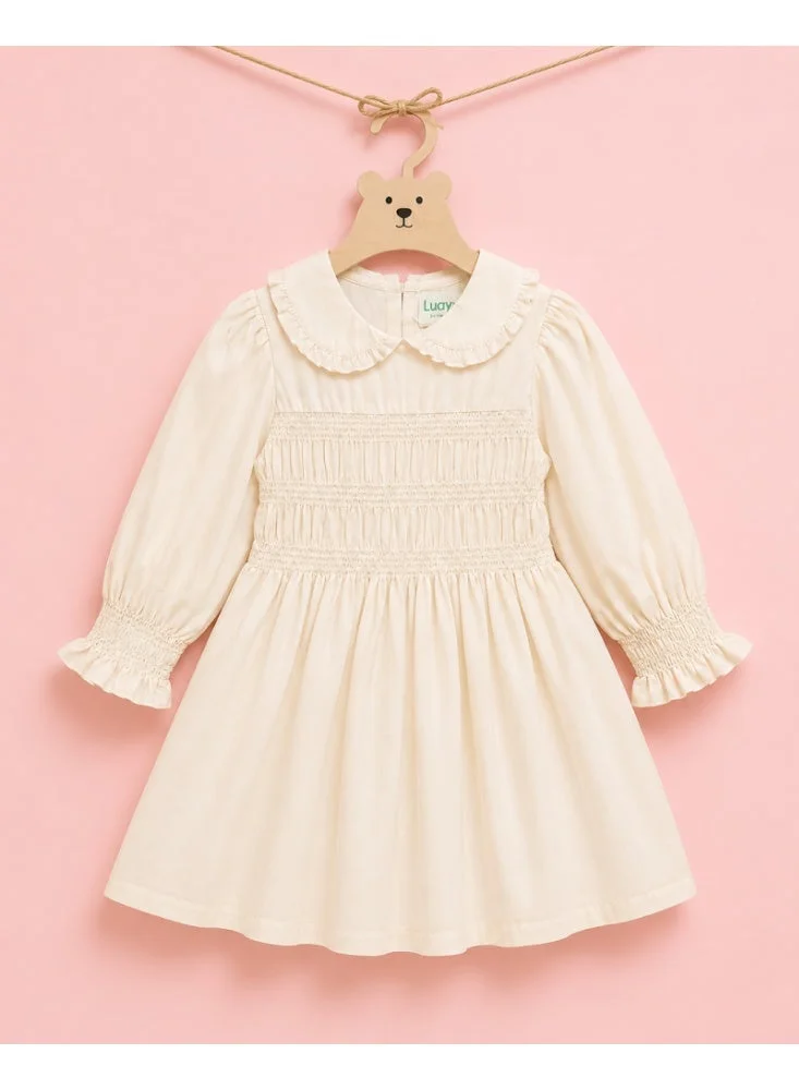 Luay LUAY Girls Poplin Frock | Smocked Long Sleeve Dress with Peter Pan Collar | Soft Breathable Casual Party Wear for Girls