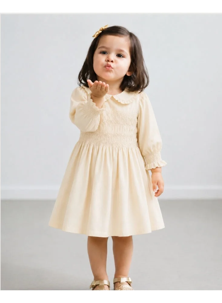 Luay LUAY Girls Poplin Frock | Smocked Long Sleeve Dress with Peter Pan Collar | Soft Breathable Casual Party Wear for Girls
