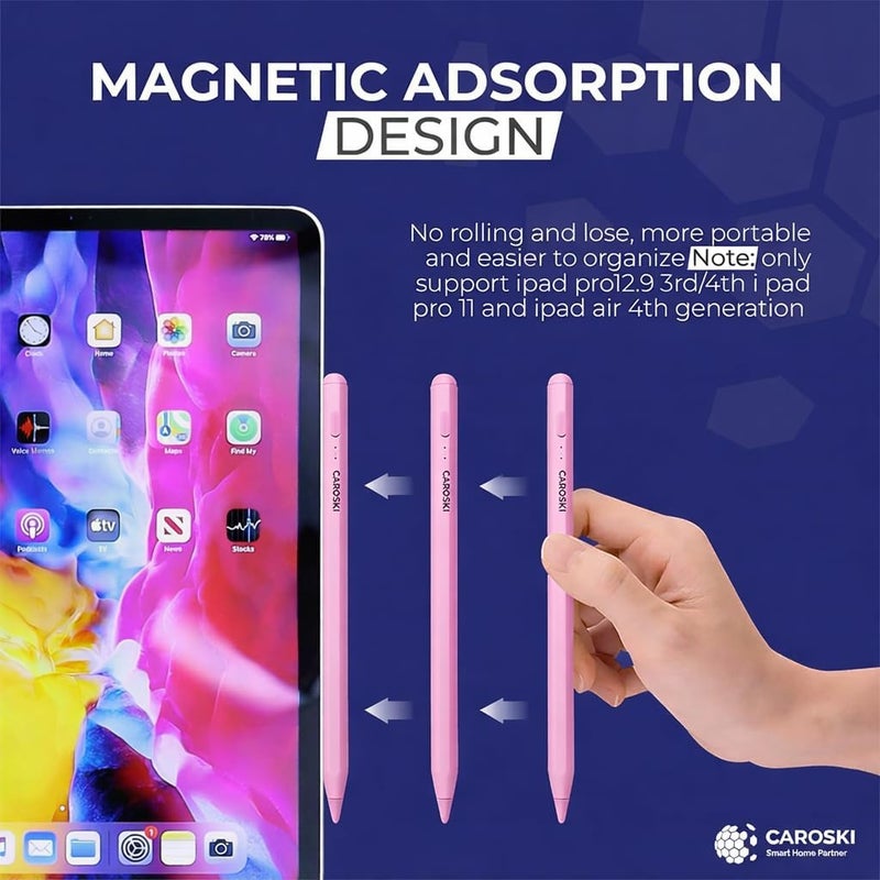 كاروسكي قلم ستايلس لأجهزة iPad مع رفض راحة اليد وأقلام إضافية، قلم نشط دقيق متوافق مع iPad Pro Air Mini، بدء تشغيل سريع، بطارية طويلة، تصميم مغناطيسي، قلم ستايلس مع كابل شحن USB-C (وردي) - Image 2