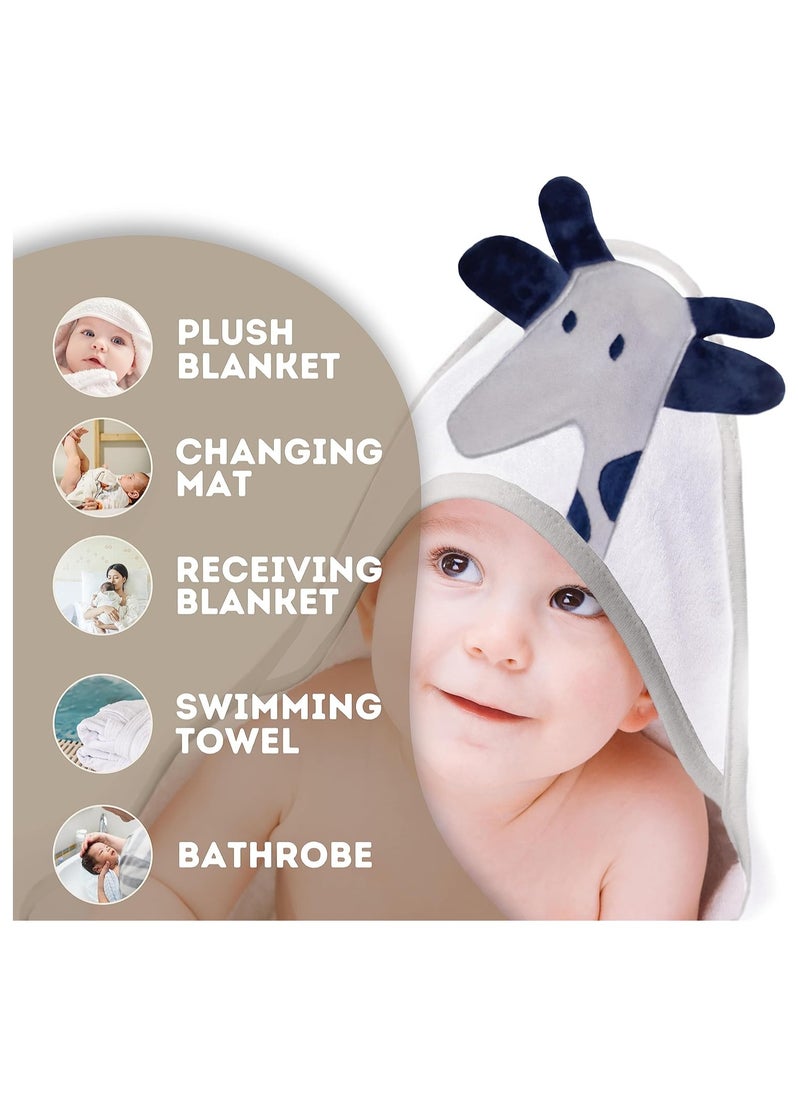 Mothers Choice - Motherschoice Hooded Baby Towel Giraffe 3D Ears -100% Cotton Baby Towel -Soft & Snuggly Baby Towel - 84x84 cm- Newborn to 4 Years - White/Blue - Image 1