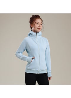 Generic Thickened Fleece-Lined Hooded Yoga Jacket Slimming Milk Silk Outerwear Casual Warm Sports Top For Women Aqua blue 