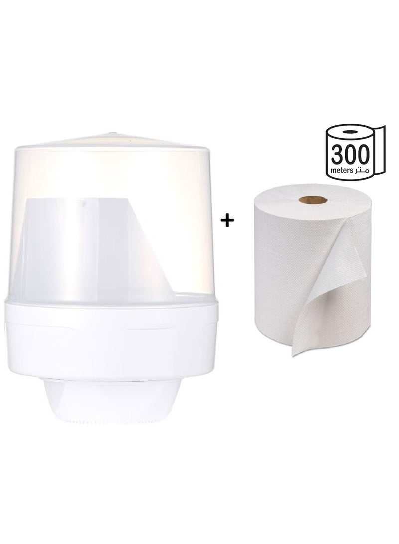 Wall-mounted plastic roll tissue dispenser with Maxi Rolls Towel White 300 M - Image 1